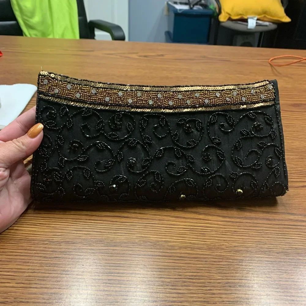Women Aid Black & Gold Beaded Bag Clutch